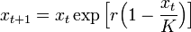 x_{t+1} = x_t \exp \Big[ r \Big( 1 - \frac{x_t}{K} \Big) \Big]