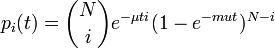 
\begin{align}
p_i(t) = \binom{N}{i}e^{-\mu t i}(1 - e^{- mu t})^{N - i}
\end{align}
