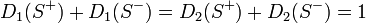 
D_1(S^+) + D_1(S^-) = D_2(S^+) + D_2(S^-) = 1
